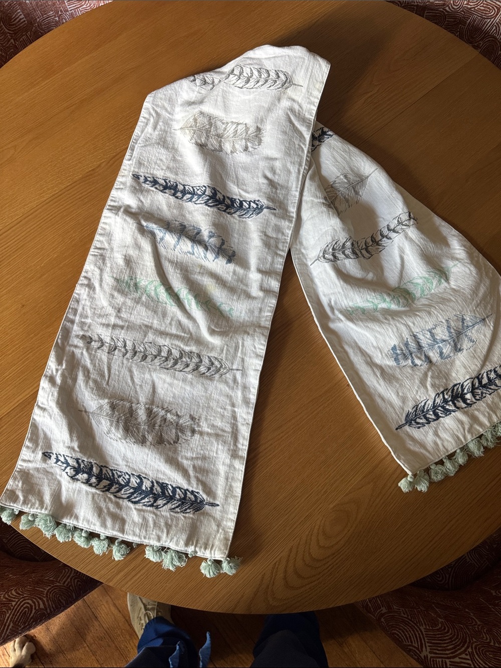 Hand-Printed Feather Table Runner - White with Blue and Mint Accents